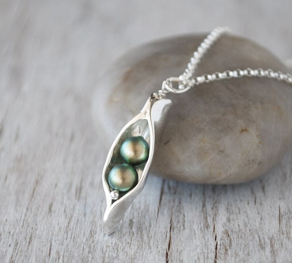 Two Pearl Pea Pod Necklace - Silver Pea Pod Mother's Necklace - Mom's iridescent Green Pearl Peas in Pod Two Peas Push Gift