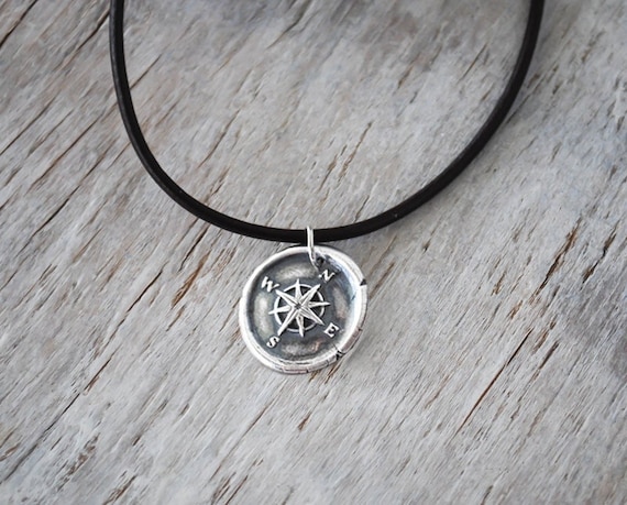 Men's Compass Necklace - Men's Jewelry - Silver Wax Seal Compass - Leather Cord -  Men's Leather Pendant - Unisex Eco Friendly Silver