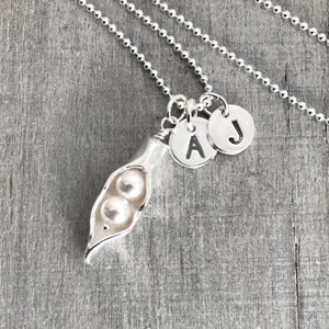 May include: Silver necklace with a pea pod charm and two pearl beads. The necklace has two initial charms, one with the letter 'A' and the other with the letter 'J'.
