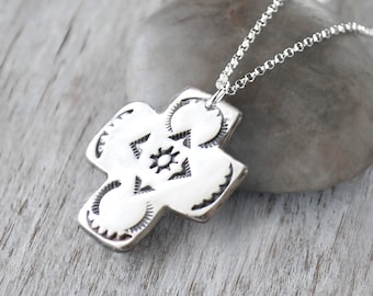 Handcrafted Southwest Silver Cross Necklace - .999 Fine Silver - Sterling Silver Chain - Cross Pendant - Hand stamped Southwest style