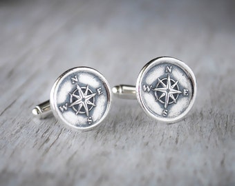 Compass Cufflinks, Sterling Silver Nautical CuffLinks, .999 Fine Silver Wax Seal Cuff Links -  Wedding Cuff Links Compass Cufflink