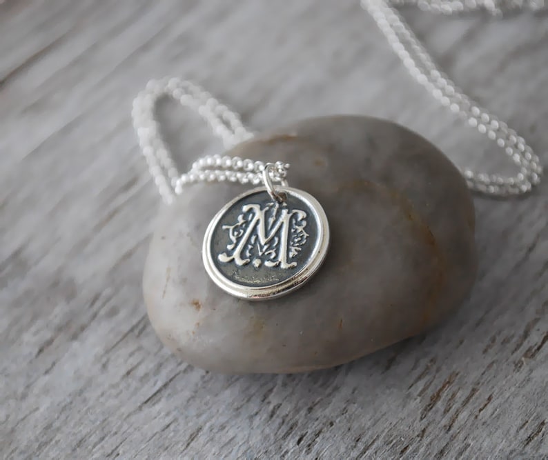 Custom Initial Necklace Sterling Silver Monogram Necklace Personalized Wax Seal Initial Necklace