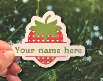 Strawberry name sticker, your name here sticker, personalized sticker, water bottle sticker, laptop sticker, kindle sticker