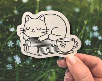 Cat with books sticker, bookish sticker, book lover sticker, cat lover sticker, laptop sticker, kindle sticker, water bottle sticker