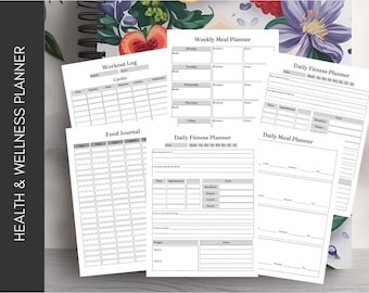Puede incluir: Una colección de hojas de planificación de papel blanco con líneas de cuadrícula gris y texto. Las hojas incluyen secciones para un registro de entrenamiento, un diario de alimentos y la planificación diaria y semanal de comidas. Las palabras "Health & Wellness Planner" están impresas verticalmente a la izquierda.