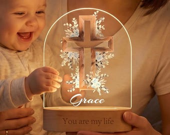 Custom Floral Cross Night Light with Name,Personalized Religious LED Lamp with Floral Accents,Perfect Baptism Christening Gift for Baby