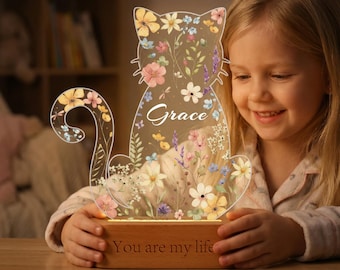 Custom Floral Cat Silhouette Night Light,Personalized Lamp of Cat Silhouette Filled with Delicate Watercolor Flowers,Perfect Gift for Kids