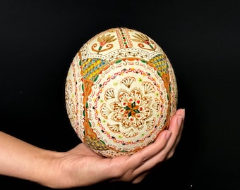 Collectible painted egg - Large Ukrainian Pysanka on Ostrich Egg – Handcrafted Easter Decor - Hand-Painted Pysanka on Large Ostrich Egg