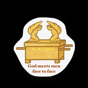 May include: A gold-colored illustration of the Ark of the Covenant with two cherubim on top. The text "Ark of Covenant" is written on the front of the ark. The text "God meets men face to face" is written below the ark.