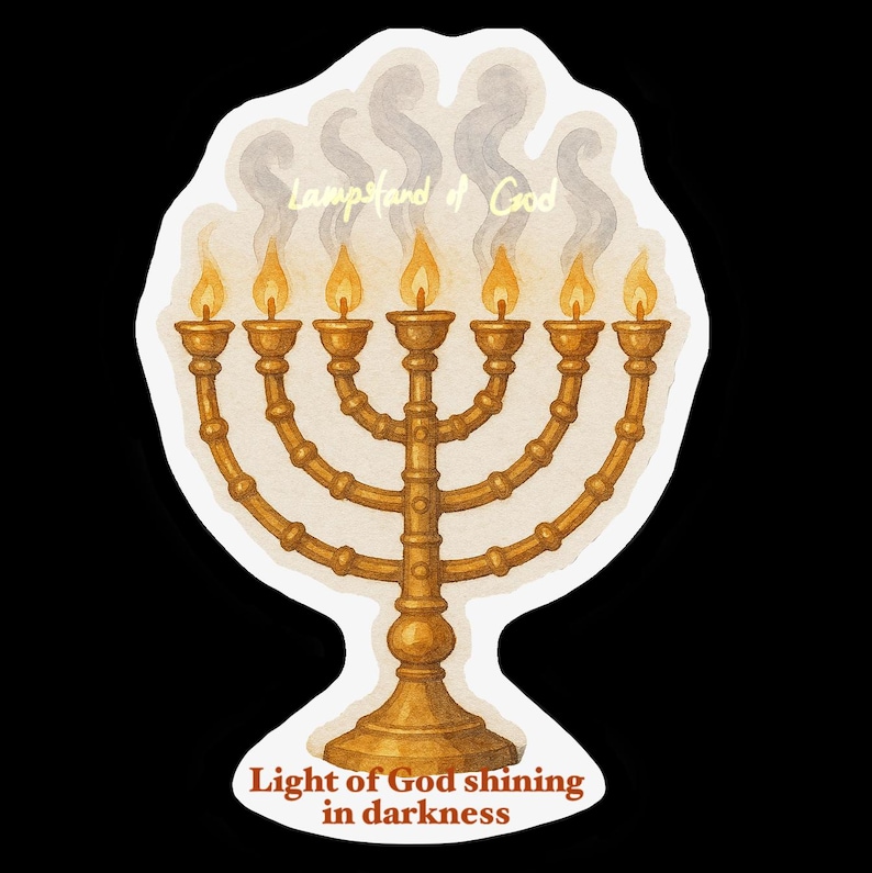 May include: A gold menorah with seven lit candles, with the text "Lampstand of God" above the candles and "Light of God shining in darkness" below.