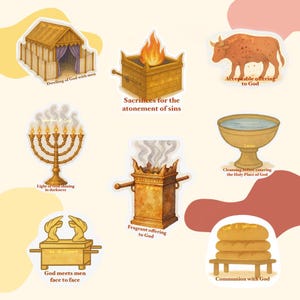 May include: A colorful illustration of various religious symbols and objects, including a menorah, a tabernacle, a bull, a laver, a table with bread, and an incense burner. The text "Sacrifices for the atonement of sins" is written in the center of the image.