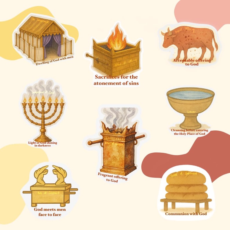 May include: A colorful illustration of various religious symbols and objects, including a menorah, a tabernacle, a bull, a laver, a table with bread, and an incense burner. The text "Sacrifices for the atonement of sins" is written in the center of the image.