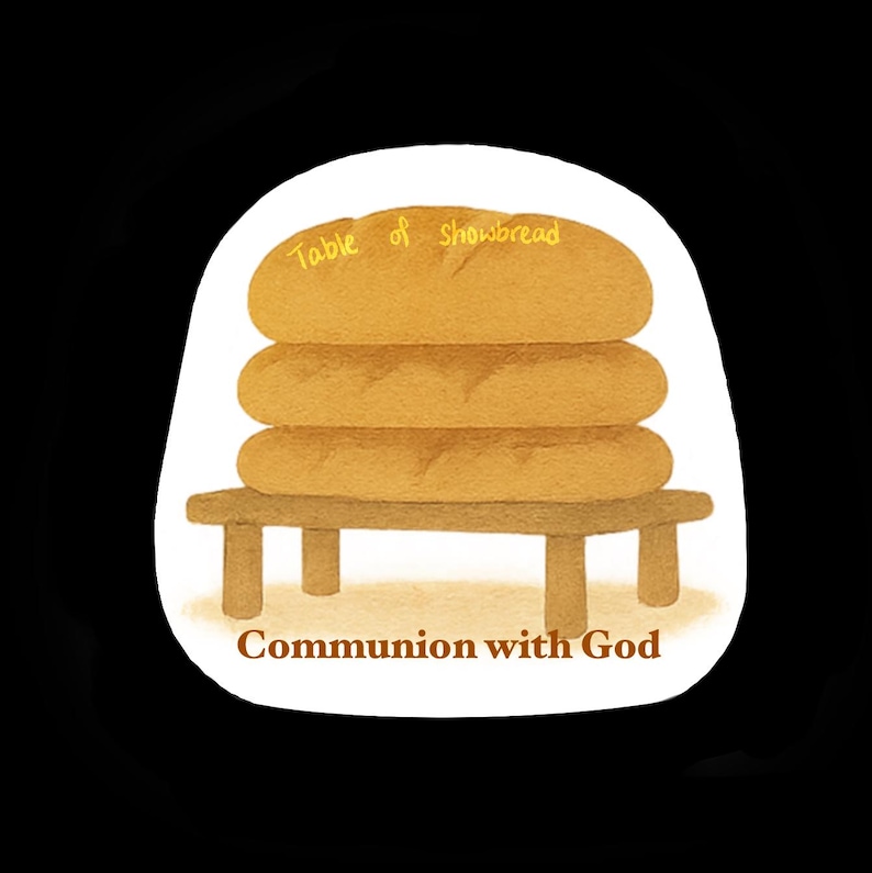 May include: A watercolor illustration of a table with four loaves of bread on top. The table is labeled "Table of Showbread" and the caption below reads "Communion with God".