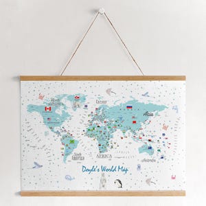 Personalisierte blaue Karte der Tiere, Weltkarte, Banner, Karte der Tiere, Weltkarte, Kinder Poster, Scandi Kinder Dekor, Lernposter, Spielzimmer Drucke, Kinder