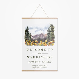 Cartello personalizzato per matrimonio con fiori gialli e alberi di pino, striscione in legno, decorazione per baby shower, striscione personalizzato