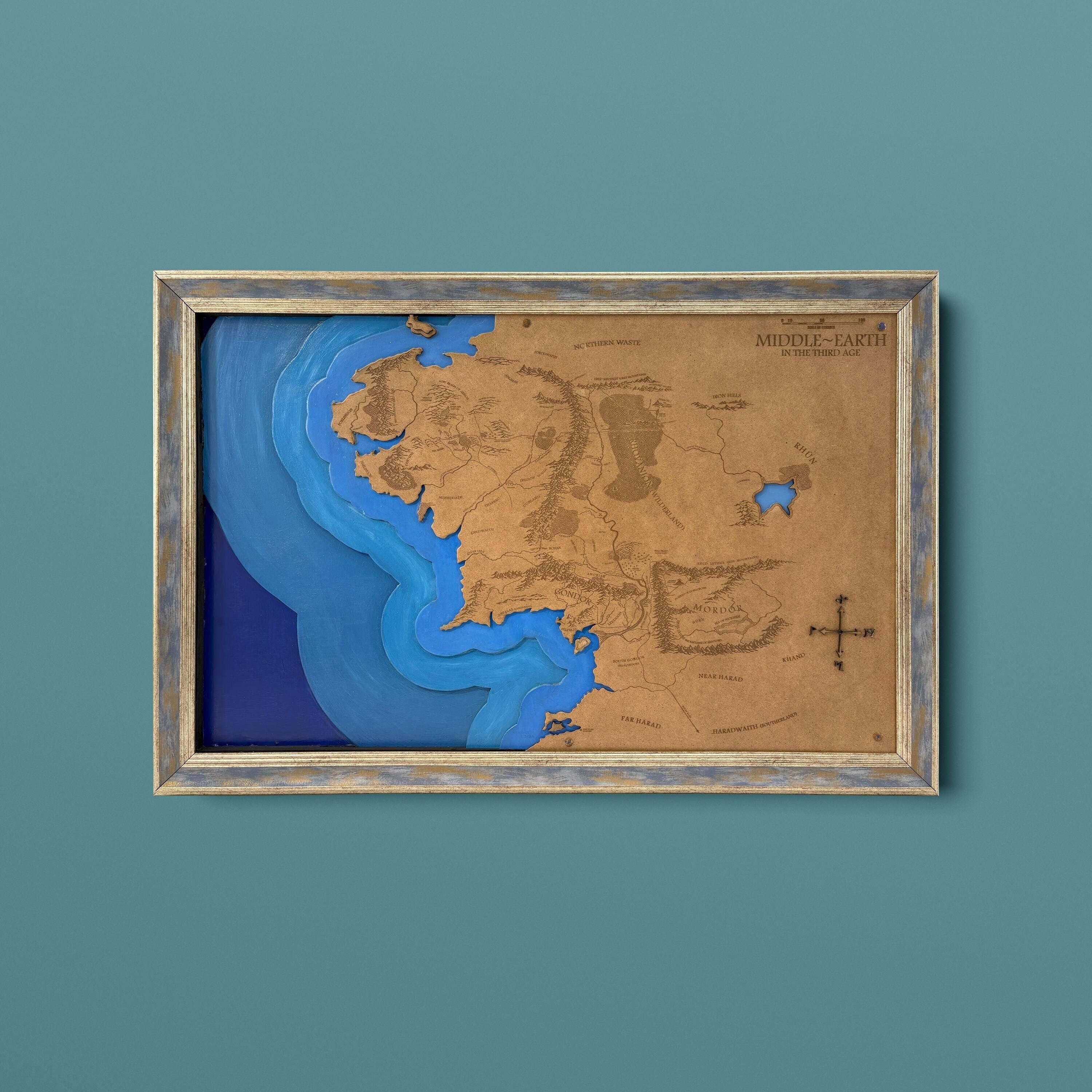 Middle Earth %100 Hand Made 3D Wooden Map - Lord of the Map - Four Tier all Wooden Map