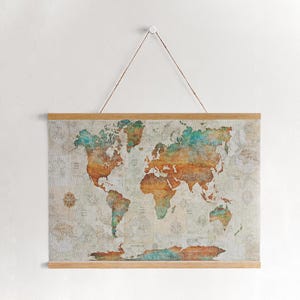 Weltkarte Wandteppich, Dekorativer Wandbehang aus Holz Leinwand Banner, Weltkarte Banner Kunst