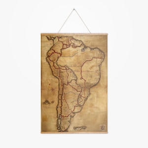 Carte vintage de l'Amérique du Sud avec bannière en bois sur les routes commerciales | Impressions d'art Amérique du Sud 1861 Impressions d'art mural Art mural