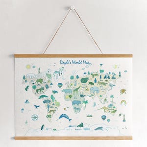 Personalisierte Blaue Weltkarte Banner Karte, Tierweltkarte, Kinder Poster, Scandi Kinder Dekor, Lernposter, Spielzimmer Drucke, Kinder Wandkunst