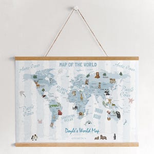 Personalisierte Weltkarte der Tiere, Banner, Weltkarte der Tiere, Kinder Poster, Lernposter, Spielzimmer Druck, Kinder Wandkunst