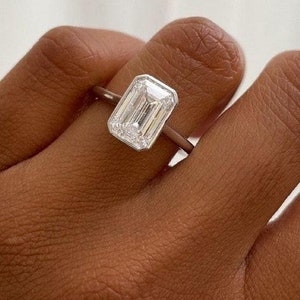 Emerald Cut Moissanite Solitaire Ring: Bezel Set Wedding Engagement Ring