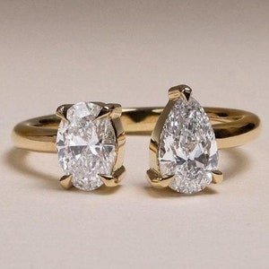 Birne und Oval Moissanit Toi Et Moi Ring, 18K solide Gelbgold Vorschlag Ring, Sie und ich Ring, Ehering, Jahrestag Geschenk für Frauen