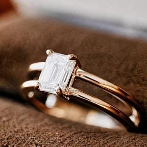 1,7 Emerald Cut dubbele band ring, solitaire Moissanite dubbele band ring kleurloze Moissanite diamanten ring, verlovingsring vrouwen