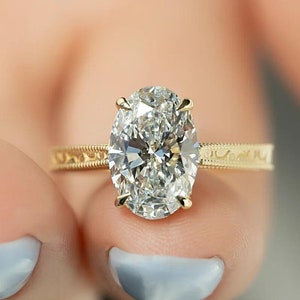 2 CT Oval Moissanite Engagement Ring: Art Deco 18K Yellow Gold Anniversary Ring