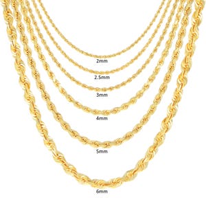 18K Yellow Gold Diamond Cut Solid Rope Chain | Solid Gold Rope Chain | 2mm 2.5mm 3mm 4mm 5mm 6mm | 16 - 30 inches | Mens and Womens Jewelry