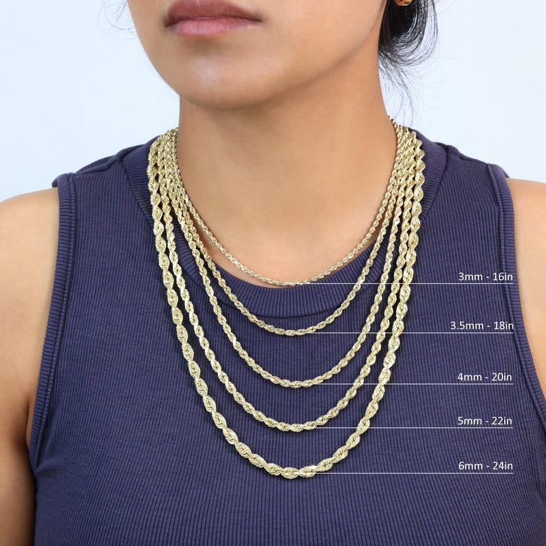 14K Yellow Gold Rope Diamond Cut Chain | Real Italian Necklace | 1.5mm ...