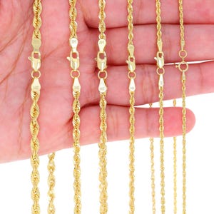 Cadena de cuerda de oro amarillo de 14 quilates / Collar ligero de oro auténtico con corte de diamante / 1,5 mm, 2 mm, 2,5 mm, 3 mm, 3,5 mm, 4 mm / 16-30 pulgadas / Para hombre y mujer