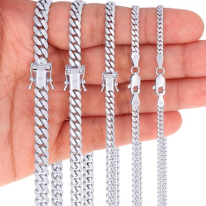 Cadena de eslabones cubanos Miami macizos de oro blanco de 10 quilates / Cadena de eslabones cubanos de oro blanco auténtico / 2,7 mm, 3,5 mm, 4 mm, 5 mm, 6 mm, 7 mm / 16-30 pulgadas / Para hombre y mujer