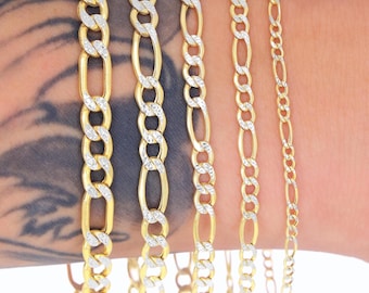 10K Yellow Gold Pave Diamond Cut Figaro Bracelet | Real Gold Italian Chain | 2.5mm 3.5mm 4.5mm 5.5mm 6.5mm | 7" - 9" | Men & Women Jewelry