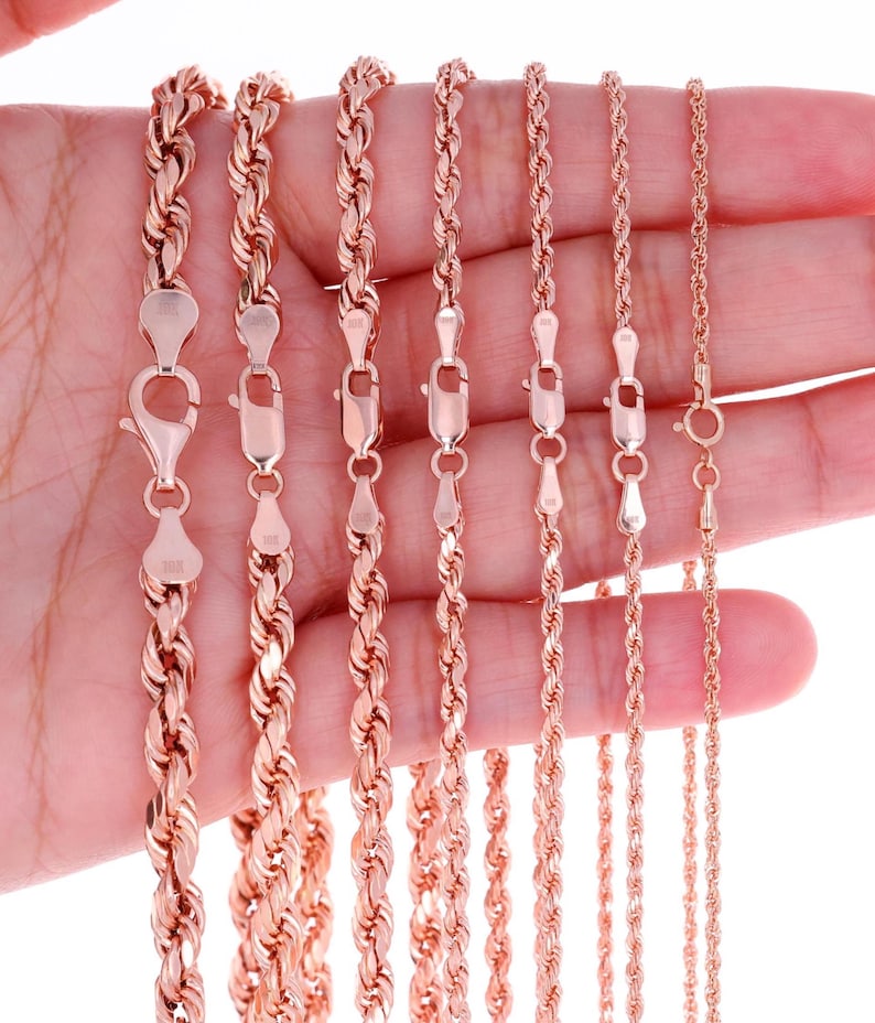 Collar de cadena de cuerda de oro rosa de 10 quilates / Collar de oro auténtico con corte de diamante / 1,5 mm, 1,8 mm, 2 mm, 2,5 mm, 3 mm, 4 mm, 5 mm, 6 mm / 14-30 pulgadas / Para hombre y mujer imagen 1