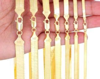 14K Solid Yellow Gold Herringbone Flexible Chain | Real Italian Gold Necklace | 3mm 4mm 5mm 6mm 7mm | 14 - 24 inches | Mens & Womens Jewelry
