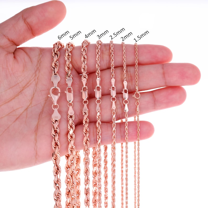 Collar de cadena de cuerda de oro rosa de 10 quilates / Collar de oro auténtico con corte de diamante / 1,5 mm, 1,8 mm, 2 mm, 2,5 mm, 3 mm, 4 mm, 5 mm, 6 mm / 14-30 pulgadas / Para hombre y mujer imagen 2