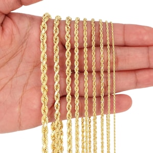 Corrente de corda com corte de diamante em ouro amarelo 10K | Colar de ouro verdadeiro | 1,5 mm 1,8 mm 2 mm 2,5 mm 3 mm 4 mm 5 mm 6 mm 7 mm 8 mm 9 mm 10 mm | 35,5 cm a 76,5 cm | Masculino e feminino