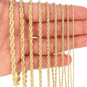 14K Yellow Gold Diamond Cut Rope Bracelet | Real Gold Rope Anklet | 2mm 2.5mm 3mm 4mm 5mm 6mm 7mm 8mm 10mm | 7&quot; - 9&quot; | Mens & Womens Jewelry