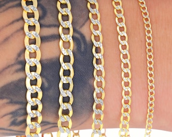 Pulseira de ouro amarelo 14K com pavé de diamantes e elos cubanos | Tornozeleira italiana em ouro maciço | 3,5 mm 4,5 mm 5,5 mm 6,5 mm | 17,8 cm a 22,9 cm | Joias masculinas e femininas