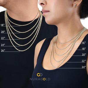 May include: A size guide for gold rope chains, showing different lengths from 16 to 26 inches. The chains are displayed on two models, one male and one female.