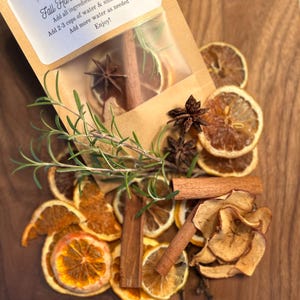 May include: A brown paper bag filled with ingredients for a fall harvest simmer pot. The ingredients include dried orange slices, cinnamon sticks, star anise, and apple slices. The bag has a label that reads "Fall Harvest Simmer Pot" and includes instructions for making the simmer pot.