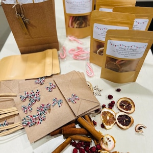 Op de afbeelding: Een verzameling bruine papieren zakken, sommige met rood-witte ruitjes strikjes, gevuld met gedroogd fruit, kaneelstokjes en snoepstokken. De zakken zijn gelabeld met "Merry & Bright" en bevatten instructies voor het maken van een drankje.