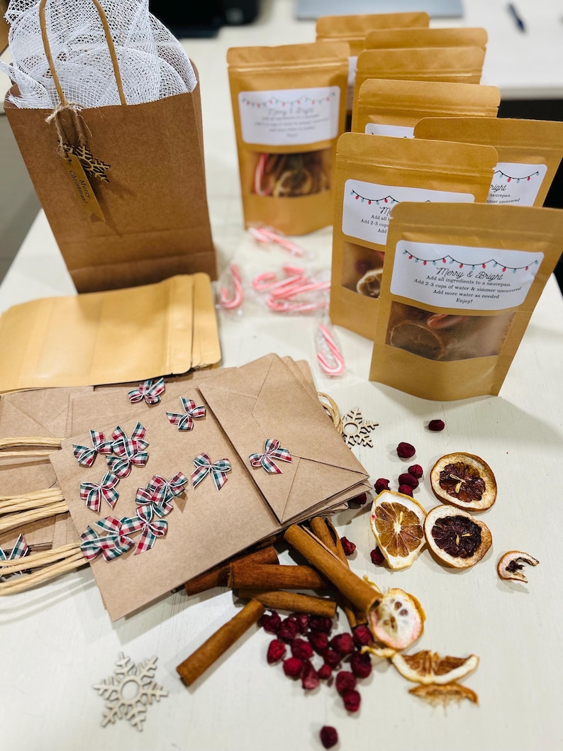 Op de afbeelding: Een verzameling bruine papieren zakken, sommige met rood-witte ruitjes strikjes, gevuld met gedroogd fruit, kaneelstokjes en snoepstokken. De zakken zijn gelabeld met "Merry & Bright" en bevatten instructies voor het maken van een drankje.