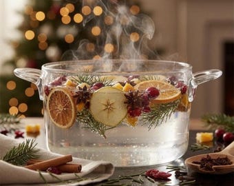 Op de afbeelding: Een doorzichtige glazen pan met twee handvatten gevuld met water, drijvende sinaasappelschijfjes, appelschijfjes, verse veenbessen, steranijs en dennentakjes. Er stijgt stoom op uit de vloeistof die is doordrenkt met deze ingrediënten.