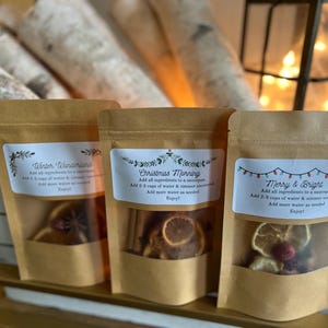 May include: Three brown paper pouches with clear windows, each labeled with a different holiday-themed name: "Winter Wonderland," "Christmas Morning," and "Merry & Bright." The pouches contain dried fruit and spices. The background includes birch logs and a decorative lantern.