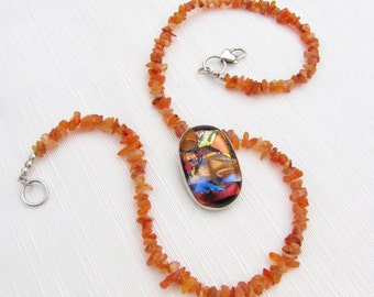 Carnelian dichroic glass necklace Handmade hand made Tracie Sachs Design one of a kind beads unique jewelry fashion style unusual elegant