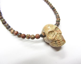 Skull beaded necklace unakite skull jasper beads sterling silver clasp One of a kind Tracie Sachs Design Handmade hand made unique masculine