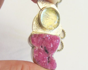 Cobalt Calcite Druzy, Pink Druzy and Dichroic Glass and sterling silver necklace