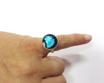 dichroic glass and sterling silver adjustable cocktail ring, blue