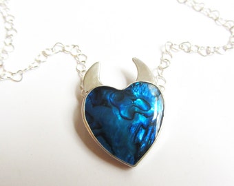 paua shell Heart Cobalt Blue with horns rock n roll biker rocker sterling silver Hand MAde handmade Tracie Sachs Design One of a kind unique